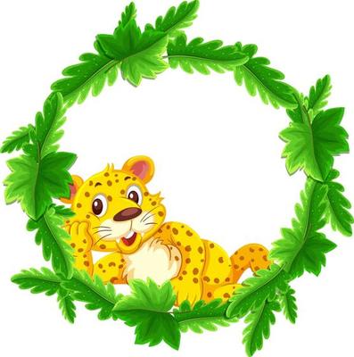 Round green leaves banner template with a leopard cartoon character