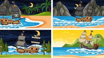 Set of ocean scenes at different times with Pirate ship in cartoon style vector