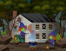 Witch living in the house in dark forest vector