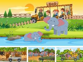 Four different zoo scenes with kids and animals vector