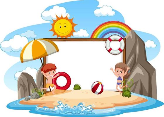 Empty banner template with kids on vacation at the beach on white background