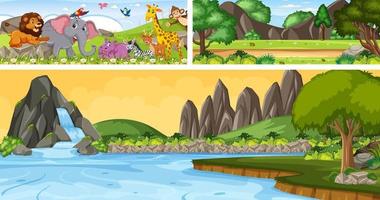 Set of outdoor panoramic landscape with cartoon character vector