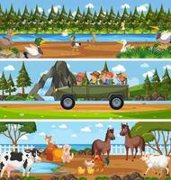 Different panoramic nature landscape set with cartoon character vector