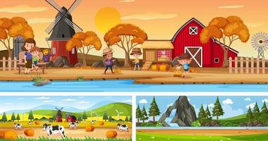 Outdoor panoramic landscape scenes set with cartoon character vector