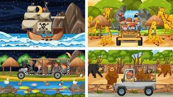 Set of different scenes with animals in the zoo and pirate ship at the sea vector