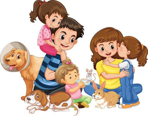 Happy family with their pets on white background