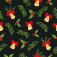 Seamless pattern with branch of fir, mistletoe and bell, Christmas decoration on dark background. Vector illustration