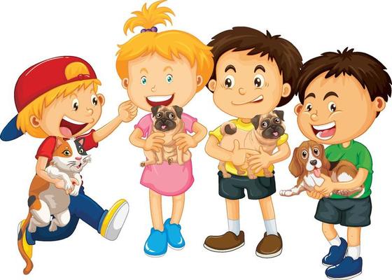 Children holding their pets cartoon character