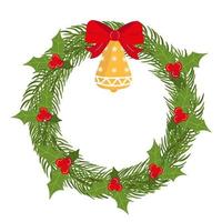 Christmas wreath with spruce branches, mistletoe and bell, red ribbon, isolated on white background. Vector illustration