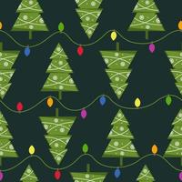 Seamless pattern with Christmas tree and multicolour light bulbs on dark background. New Year's decoration. Vector illustration.