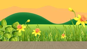 Flower field and green grass with mountain backdrop at sunset time vector