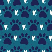 seamless pattern with dog or cat pet paw silhouette and hearts. Simple flat vector illustration background. Kitten or puppy trace. Backdrop for pet shop, breeder, pet adoption.