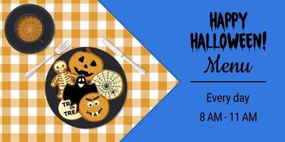 Colorful halloween cookies and coffee vector banner template on a checkered tablecloth. Advertisement, card. EPS 10