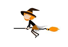 Little girl in witch costume on broom cartoon vector illustration. The witch flies over the cemetery. Halloween background, eps 10