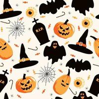 Halloween seamless pattern with witch hat, spider web, grave, ghost, pumpkin and sweets. Vector illustration