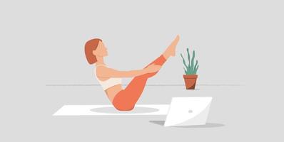 Girl practices yoga online with her laptop, vector illustration