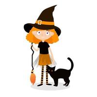 niña linda en traje de halloween con un gato negro. disfraz de bruja para fiesta de halloween. ilustración vectorial, eps 10 vector