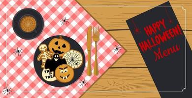 Colorful Halloween Menu advertising card with cookies and coffee. Vector banner template on a checkered tablecloth, EPS 10