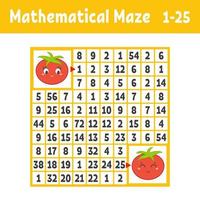 Mathematical colored square maze. Help one tomato get to another. Game for kids. Puzzle for children. The study of numbers. Labyrinth conundrum. Flat vector illustration isolated on white background.