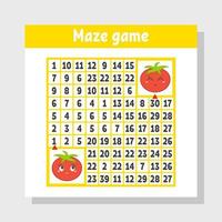 Mathematical colored square maze. Help one tomato get to another. Game for kids. Puzzle for children. The study of numbers. Labyrinth conundrum. Flat vector illustration isolated on white background.