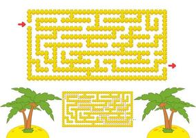 Color rectangular maze. Yellow beach with palm trees in cartoon style. Game for kids. Puzzle for children. Labyrinth conundrum. Flat vector illustration isolated on white background. With the answer.