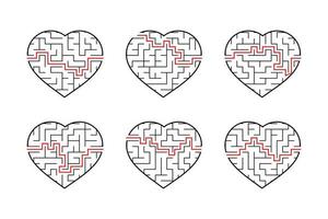 A set of labyrinths of hearts. Game for kids. Puzzle for children. Labyrinth conundrum. Flat vector illustration isolated on white background.