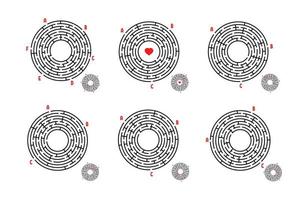 un conjunto de laberintos redondos. juego para niños. rompecabezas para niños. enigma del laberinto. Ilustración de vector plano aislado sobre fondo blanco.