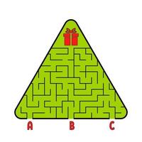 Abstract triangular labyrinth. Christmas tree with a gift. Find the right path. Game for kids. Puzzle for children. Labyrinth conundrum. Flat vector illustration isolated on white background.