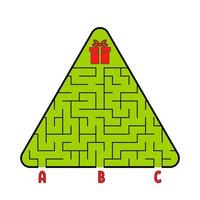 Abstract triangular labyrinth. Christmas tree with a gift. Find the right path. Game for kids. Puzzle for children. Labyrinth conundrum. Flat vector illustration isolated on white background.