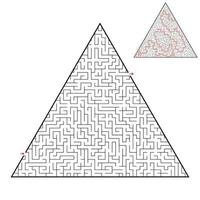 Difficult triangular labyrinth. Game for kids and adults. Puzzle for children. One entrance, one exit. Labyrinth conundrum. Flat vector illustration isolated on white background. With answer.