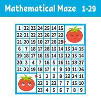 Mathematical colored square maze. Help one tomato get to another. Game for kids. Puzzle for children. The study of numbers. Labyrinth conundrum. Flat vector illustration isolated on white background.
