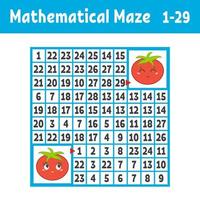 Mathematical colored square maze. Help one tomato get to another. Game for kids. Puzzle for children. The study of numbers. Labyrinth conundrum. Flat vector illustration isolated on white background.