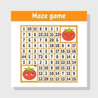 Mathematical colored square maze. Help one tomato get to another. Game for kids. Puzzle for children. The study of numbers. Labyrinth conundrum. Flat vector illustration isolated on white background.