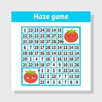 Mathematical colored square maze. Help one tomato get to another. Game for kids. Puzzle for children. The study of numbers. Labyrinth conundrum. Flat vector illustration isolated on white background.