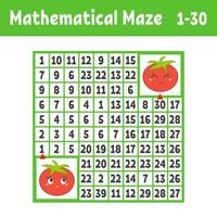 Mathematical colored square maze. Help one tomato get to another. Game for kids. Puzzle for children. The study of numbers. Labyrinth conundrum. Flat vector illustration isolated on white background.