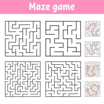 un conjunto de laberintos cuadrados de varios niveles de dificultad. rompecabezas para niños. una entrada, una salida. enigma del laberinto. Ilustración de vector plano aislado sobre fondo blanco. con respuesta.