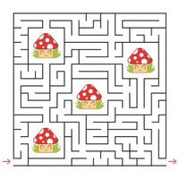 Abstract square maze. An interesting and useful game for children. Collect all the cute mushrooms. Simple flat vector illustration isolated on white background.