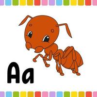 Brown ant. Animal alphabet. Zoo ABC. Cartoon cute animals isolated on white background. For kids education. Learning letters. Vector illustration.