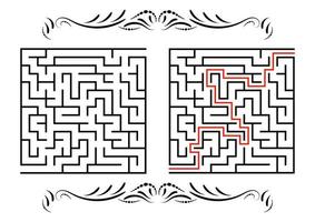 Abstract square maze. Game for kids. Puzzle for children. One entrance, one exit. Labyrinth conundrum. Flat vector illustration isolated on white background. With answer. With a vintage border