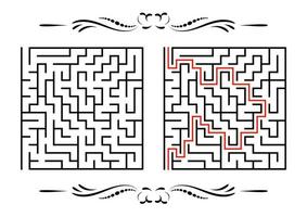 Abstract square maze. Game for kids. Puzzle for children. One entrance, one exit. Labyrinth conundrum. Flat vector illustration isolated on white background. With answer. With a vintage border