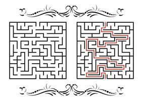 Abstract square maze. Game for kids. Puzzle for children. One entrance, one exit. Labyrinth conundrum. Flat vector illustration isolated on white background. With answer. With a vintage border