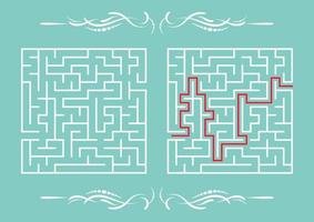 Abstract square maze. Game for kids. Puzzle for children. One entrance, one exit. Labyrinth conundrum. Flat vector illustration isolated on color background. With answer. With a vintage border