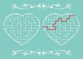 Labyrinth in the shape of a heart. Game for kids. Puzzle for children. Labyrinth conundrum. Flat vector illustration isolated on color background. With answer. Vintage style