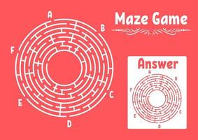 Abstract round maze. Game for kids. Puzzle for children. Labyrinth conundrum. Flat vector illustration isolated on color background. With answer. Vintage style