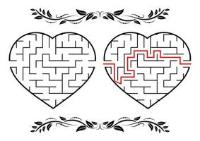 Maze in the shape of a heart. Game for kids. Puzzle for children. Labyrinth conundrum. Flat vector illustration isolated on white background. With answer. Vintage style