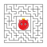 Abstract square maze with a cute color cartoon character. Cute Christmas balls. An interesting and useful game for children. Simple flat vector illustration isolated on white background.