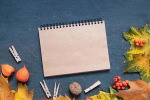 Flat lay autumn orange leaves blank notepad and physalis on a dark background photo