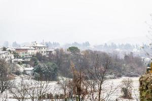 First snow on the hill towns. Between autumn and winter photo