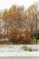 primera nevada en los pueblos de las colinas. entre otoño e invierno foto