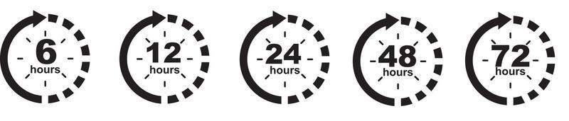 Flecha de reloj de 6, 12, 24, 48, 72 horas. símbolo de tiempo de trabajo, entrega y tiempo de servicio, aislado en blanco, ilustración de icono de vector